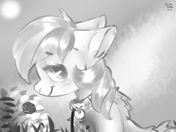 Size: 1600x1200 | Tagged: safe, artist:brainiac, derpibooru import, roseluck, earth pony, pony, back fluff, chest fluff, collar, digital art, ear fluff, ears, female, flower, fluffy, leash, looking at you, mare, monochrome, pet tag, pony pet, profile, rose, rosepet, sitting, smiling, solo