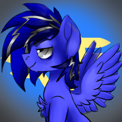 Size: 1024x1024 | Tagged: safe, artist:brainiac, derpibooru import, oc, oc:moonshine, pony, bust, chest fluff, christmas gift, profile, smiling, solo, spread wings, vault-tec logo, wings