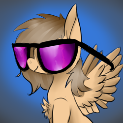 Size: 1024x1024 | Tagged: safe, artist:brainiac, derpibooru import, oc, oc only, pegasus, pony, chest fluff, christmas gift, gradient background, solo, sunglasses