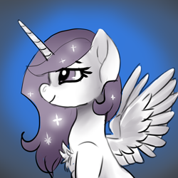 Size: 1024x1024 | Tagged: safe, artist:brainiac, derpibooru import, princess celestia, alicorn, pony, bust, chest fluff, christmas gift, female, gradient background, horn, princess molestia, profile, smiling, solo, spread wings, wings