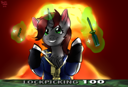 Size: 1500x1024 | Tagged: safe, artist:brainiac, derpibooru import, oc, oc:littlepip, pony, unicorn, fallout equestria, balefire bomb, bobby pin, bobbypin, chest fluff, clothes, explosion, fanfic, fanfic art, female, glowing horn, grin, hooves, horn, levitation, lockpicking, magic, magic aura, mare, megaspell, megaspell explosion, meme, mushroom cloud, nuclear explosion, screwdriver, signature, skyrim lockpick 100, smiling, solo, sparkles, telekinesis, text, vault suit