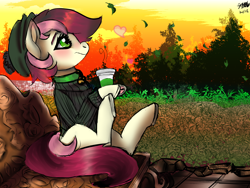 Size: 1600x1200 | Tagged: safe, artist:brainiac, derpibooru import, roseluck, blushing, clothes, coffee, coffee cup, cup, female, frog (hoof), hat, hoof hold, solo, underhoof