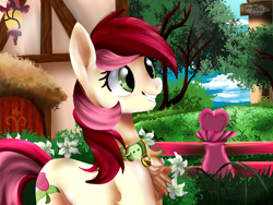 Size: 1600x1200 | Tagged: safe, artist:brainiac, derpibooru import, roseluck, earth pony, pony, chest fluff, collar, digital art, female, flower, fluffy, grin, mare, outdoors, pet, pet play, pony pet, rosepet, scene interpretation, smiling, solo, teeth