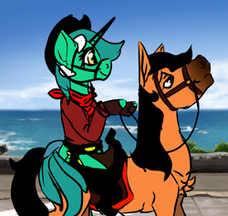 Size: 1900x1800 | Tagged: safe, artist:brainiac, derpibooru exclusive, derpibooru import, lyra heartstrings, horse, pony, assless chaps, bridle, clothes, cowboy hat, cursed image, fingerless gloves, flannel, gloves, handkerchief, hat, horse riding a horse, ponies riding horses, riding, spirit: stallion of the cimarron, tack, wat