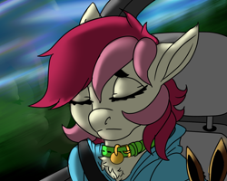 Size: 2500x2000 | Tagged: safe, artist:brainiac, derpibooru import, roseluck, pony, car, chest fluff, clothes, collar, digital art, female, hoodie, implied eevee, pet tag, plushie, pony pet, rosepet, sad, sleeping, solo