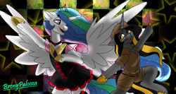 Size: 6001x3200 | Tagged: safe, artist:brainiac, derpibooru import, princess celestia, oc, oc:knick knack, alicorn, pony, unicorn, bronycon, bronycon 2019, bronypalooza, choker, clothes, collar, female, jewelry, male, mare, regailia, school uniform, stallion, text, tiara, underhoof, ups uniform