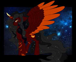 Size: 3907x3200 | Tagged: safe, artist:brainiac, derpibooru import, oc, oc:elusive black, alicorn, pony, alicorn oc, black hole, black hole pony, chest fluff, colored horn, colored wings, colored wingtips, curved horn, ear fluff, ears, female, horn, leg fluff, lidded eyes, looking at you, mare, messier 87, ponified, red and black oc, reference, reference sheet, shoulder fluff, slit eyes, solo, space, spread wings, starry mane, stars, wing fluff, wings
