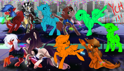 Size: 5469x3125 | Tagged: safe, artist:brainiac, derpibooru import, oc, oc only, pony, commission, glowstick, group, group photo, rave, ych example, ych result