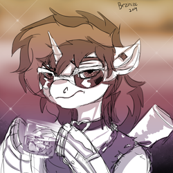 Size: 3125x3125 | Tagged: safe, artist:brainiac, derpibooru import, oc, oc only, oc:blackjack, cyborg, pony, unicorn, fallout equestria, fallout equestria: project horizons, alcohol, augmented, collar, cyber legs, fanfic, fanfic art, female, hooves, horn, mare, solo, sunglasses