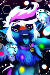 Size: 1563x2344 | Tagged: safe, artist:brainiac, derpibooru import, oc, oc:whiskey lullaby, cat, cat pony, original species, 80s, bell, bell collar, black light, cat bell, chest fluff, collar, drool, female, frog (hoof), glow bracelets, glow in the dark, heart eyes, horseshoes, leash, licking, mare, mawshot, open mouth, pet play, pregnant, rave, solo, tongue out, underhoof, unshorn fetlocks, wingding eyes