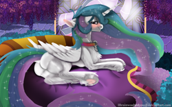 Size: 1920x1200 | Tagged: safe, artist:brainiac, derpibooru import, princess celestia, alicorn, pony, blushing, chest fluff, collar, dock, female, frog (hoof), horseshoes, leg fluff, mare, patreon, patreon reward, solo, underhoof