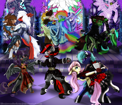 Size: 5469x4688 | Tagged: safe, artist:brainiac, derpibooru import, fluttershy, rainbow dash, oc, oc:blackjack, oc:morning glory (project horizons), oc:piper, oc:realfeeler, oc:servus, oc:servus liber, oc:skittle, pegasus, pony, unicorn, fallout equestria, fallout equestria: project horizons, canon x oc, clothes, dress, fanfic art, female, gala dress, gloryjack, lesbian, oc x oc, patreon, patreon reward, raider, realshy, serper, shipping, skidash, ych result