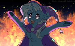 Size: 1920x1200 | Tagged: safe, artist:brainiac, derpibooru import, trixie, pony, unicorn, cape, chest fluff, clothes, female, fire, hat, mare, solo, trixie's cape, trixie's hat