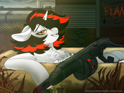 Size: 1600x1200 | Tagged: safe, artist:brainiac, derpibooru import, oc, oc:blackjack, pony, unicorn, fallout equestria, fallout equestria: project horizons, combat shotgun, fanfic art, missing teeth, solo