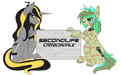 Size: 1920x1200 | Tagged: safe, artist:brainiac, derpibooru exclusive, derpibooru import, oc, oc only, oc:knick knack, oc:piper, pony, fallout equestria, 2020 community collab, carbondale, chest fluff, derpibooru community collaboration, second life, simple background, solo, transparent background