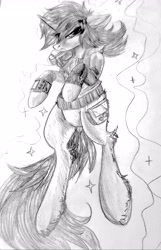 Size: 2486x3866 | Tagged: safe, artist:brainiac, derpibooru exclusive, derpibooru import, oc, oc only, oc:littlepip, pony, unicorn, fallout equestria, black and white, clothes, fanfic, fanfic art, female, glowing horn, grayscale, hooves, horn, levitation, magic, magic aura, mare, monochrome, pipbuck, self-levitation, simple background, sketch, solo, telekinesis, traditional art, vault suit, white background
