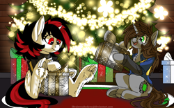 Size: 1920x1200 | Tagged: safe, artist:brainiac, derpibooru import, oc, oc only, oc:blackjack, oc:littlepip, pony, unicorn, fallout equestria, fallout equestria: project horizons, chest fluff, christmas, christmas gift, christmas lights, christmas tree, collar, commission, cute, fanfic art, female, fluffy, frog (hoof), hearth's warming, holiday, horn, mare, ocbetes, small horn, tree, underhoof