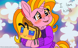 Size: 1920x1200 | Tagged: safe, artist:brainiac, derpibooru import, luster dawn, bee, insect, unicorn, blushing, crossover, crying, cute, dialogue, female, heart eyes, intentional spelling error, lusterbetes, mare, minecraft, minecraft bee, minecraft beetes, plushie, solo, text, wingding eyes