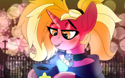 Size: 1920x1200 | Tagged: safe, artist:brainiac, derpibooru exclusive, derpibooru import, luster dawn, pony, unicorn, blushing, cellphone, collar, cute, female, lusterbetes, mare, open mouth, pet play, pet tag, phone, solo