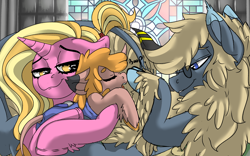 Size: 1920x1200 | Tagged: safe, artist:brainiac, derpibooru exclusive, derpibooru import, luster dawn, oc, oc:morning sun, oc:solstice dream, hybrid, kirin, pony, unicorn, bedroom eyes, canon x oc, collar, cute, family, female, foal, interspecies, interspecies offspring, kirin hybrid, kirin oc, lidded eyes, lusterbetes, male, mare, offspring, parent:luster dawn, parent:oc:solstice dream, parents:canon x oc, parents:solster, pet play, shipping, solster, straight