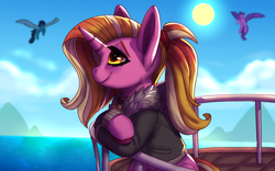 Size: 1920x1200 | Tagged: safe, artist:brainiac, artist:rifthebit, derpibooru exclusive, derpibooru import, luster dawn, pegasus, pony, unicorn, collaboration, anatomically incorrect, clothes, day, female, mare, outdoors, ponytail, railing, solo focus