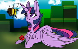 Size: 1920x1200 | Tagged: safe, artist:brainiac, derpibooru exclusive, derpibooru import, twilight sparkle, twilight sparkle (alicorn), alicorn, bee, insect, chest fluff, female, flower, minecraft, minecraft bee, prone, solo, warm up doodle