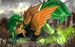 Size: 1920x1200 | Tagged: safe, artist:brainiac, derpibooru import, oc, oc only, oc:atom smasher, cyborg, pegasus, pony, amputee, clothes, fanart, female, goggles, grass, jacket, mare, outdoors, prosthetic leg, prosthetic limb, prosthetics, solo, tree