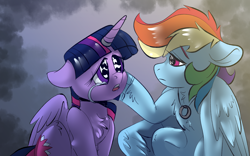 Size: 1920x1200 | Tagged: safe, artist:brainiac, derpibooru import, rainbow dash, twilight sparkle, twilight sparkle (alicorn), alicorn, pegasus, pony, chest fluff, crying, ears, female, floppy ears, lesbian, married couple, ring, sad, shipping, twidash, wedding ring