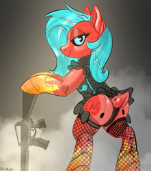 Size: 1062x1200 | Tagged: safe, artist:brainiac, derpibooru import, oc, oc only, oc:o-5, pony, robot, robot pony, arcatar animatronics, commission, female, gun, mare, solo, weapon