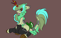 Size: 1920x1200 | Tagged: safe, artist:brainiac, derpibooru import, oc, oc:piper, kirin, bedroom eyes, bow, brown background, clothes, collar, female, hair over one eye, kirin-ified, leg warmers, mare, pet tag, race swap, simple background, sitting, solo, species swap, stockings, tail bow, tail ring