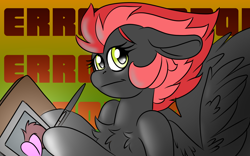 Size: 1920x1200 | Tagged: safe, artist:brainiac, derpibooru exclusive, derpibooru import, oc, oc only, oc:cinder blaze, pegasus, pony, butt, chest fluff, commission, drawing tablet, female, looking at you, mare, solo, spread wings, wings