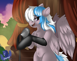 Size: 3907x3125 | Tagged: safe, artist:brainiac, derpibooru exclusive, derpibooru import, oc, oc:lady lightning strike, pegasus, bipedal, clothes, commission, pegasus oc, singing, socks, solo, wings