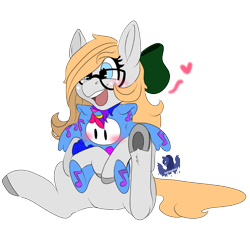 Size: 1314x1200 | Tagged: safe, artist:brainiac, derpibooru exclusive, derpibooru import, oc, oc only, oc:gray star, blushing, bow, cute, fall guys, female, glasses, hair bow, mare, ocbetes, plushie, simple background, solo, transparent background