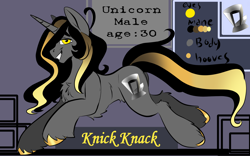 Size: 1920x1200 | Tagged: safe, artist:brainiac, derpibooru exclusive, derpibooru import, oc, oc:knick knack, pony, unicorn, male, reference sheet, solo, stallion