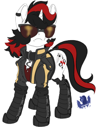 Size: 874x1162 | Tagged: safe, artist:brainiac, derpibooru exclusive, derpibooru import, oc, oc only, oc:blackjack, pony, unicorn, fallout equestria, fallout equestria: project horizons, clothes, collar, cybernetic pony, fanfic art, jacket, simple background, solo, sunglasses, transparent background