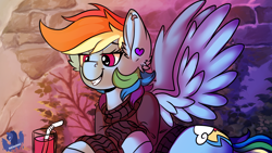 Size: 3840x2160 | Tagged: safe, artist:brainiac, derpibooru exclusive, derpibooru import, rainbow dash, pegasus, pony, clothes, drink, drinking glass, ear fluff, ear piercing, ears, female, heart eyes, mare, piercing, solo, straw, sweater, wingding eyes