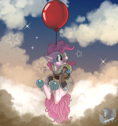 Size: 5112x5456 | Tagged: safe, artist:brainiac, derpibooru exclusive, derpibooru import, pinkie pie, earth pony, pony, balloon, clothes, colored hooves, cute, diapinkes, female, floating, flying, frog (hoof), goggles, hoofbutt, jacket, mare, smiling, solo, then watch her balloons lift her up to the sky, underhoof