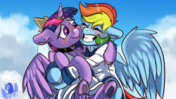 Size: 3840x2160 | Tagged: safe, artist:brainiac, derpibooru exclusive, derpibooru import, rainbow dash, twilight sparkle, twilight sparkle (alicorn), alicorn, pegasus, pony, chest fluff, collar, female, lesbian, shipping, twidash