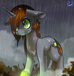 Size: 2111x2160 | Tagged: safe, artist:brainiac, derpibooru exclusive, derpibooru import, oc, oc:littlepip, pony, unicorn, fallout equestria, female, mare, missing accessory, rain, solo, wet, wet mane