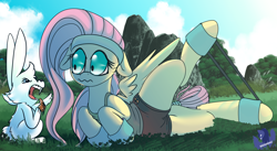 Size: 3930x2160 | Tagged: safe, artist:brainiac, derpibooru exclusive, derpibooru import, angel bunny, fluttershy, pegasus, pony, rabbit, animal, clothes, exercise, rainbow dashs coaching whistle, sweatband, that bunny sure does love whistles, whistle, workout, workout outfit