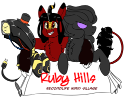 Size: 2776x2160 | Tagged: safe, artist:brainiac, derpibooru import, oc, oc only, oc:cevere, oc:kokuma, oc:lamp, oc:ruby kirin, oc:voidling, 2021 community collab, derpibooru community collaboration, ruby hills, second life, simple background, transparent background