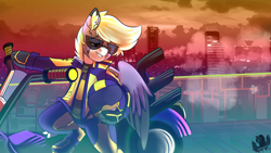 Size: 3840x2160 | Tagged: safe, artist:brainiac, derpibooru exclusive, derpibooru import, oc, oc:foxtrot, pegasus, birthday gift, birthday gift art, cyberpunk, gift art, male, solo, stallion