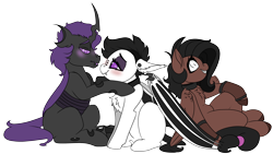 Size: 3840x2160 | Tagged: safe, artist:brainiac, derpibooru exclusive, derpibooru import, oc, oc only, oc:ebony inks, oc:inner sight, oc:tyro, 2021 community collab, derpibooru community collaboration, purple changeling, simple background, transparent background