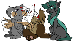 Size: 3840x2160 | Tagged: safe, artist:brainiac, derpibooru exclusive, derpibooru import, oc, oc:duskclaw, oc:masquerade, oc:valiant effort, changeling, griffon, 2021 community collab, derpibooru community collaboration, green changeling, griffon oc, simple background, transparent background