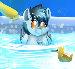 Size: 978x909 | Tagged: safe, artist:brainiac, derpibooru import, spitfire, oc, oc:concorde, pegasus, bathtime, cute, female, filly, foal, lineless, mare, ocbetes, offspring, parent:soarin', parent:spitfire, parents:soarinfire, rubber duck, solo, sweet dreams fuel