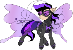 Size: 1731x1200 | Tagged: safe, artist:brainiac, derpibooru import, oc, oc only, oc:shotglass, breezie, fallout equestria, bodysuit, bowtie, breezie spy suit, clothes, goggles, pathfinder, simple background, solo, spy, spy suit, stealth suit, transparent background