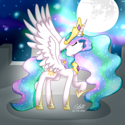 Size: 1024x1024 | Tagged: safe, artist:adakola, ponerpics import, princess celestia, alicorn, pony, crown, crying, female, jewelry, mare, moon, peytral, raised hoof, regalia, sad, spread wings, wings