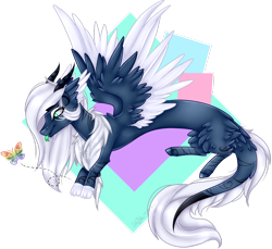 Size: 1024x938 | Tagged: safe, artist:adakola, ponerpics import, oc, oc only, butterfly, draconequus, pony, abstract background, simple background, solo, tongue out, transparent background