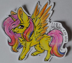 Size: 1024x894 | Tagged: safe, artist:adakola, ponerpics import, oc, oc only, oc:prismatic amber, alicorn, pony, female, fluffy, mare, solo, tongue out, traditional art