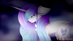 Size: 1024x570 | Tagged: safe, artist:adakola, ponerpics import, oc, oc only, oc:icy crystal, pony, unicorn, crying, ears, female, floppy ears, mare, rain, solo